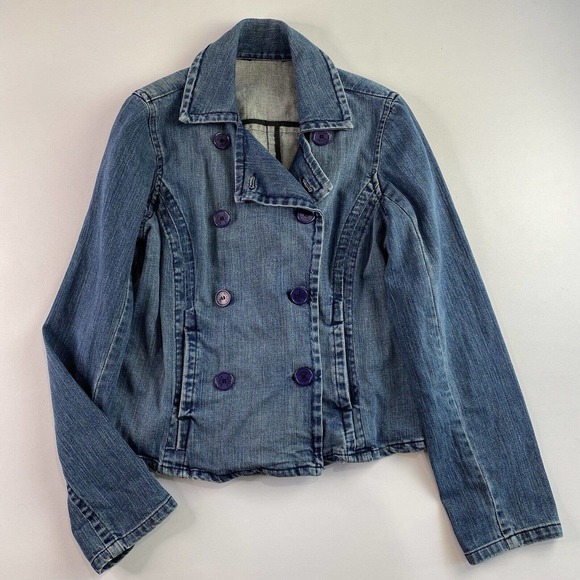 Vtg Denim Jacket Blazer Double Breasted Button Small Medium - Picture 9 of 9